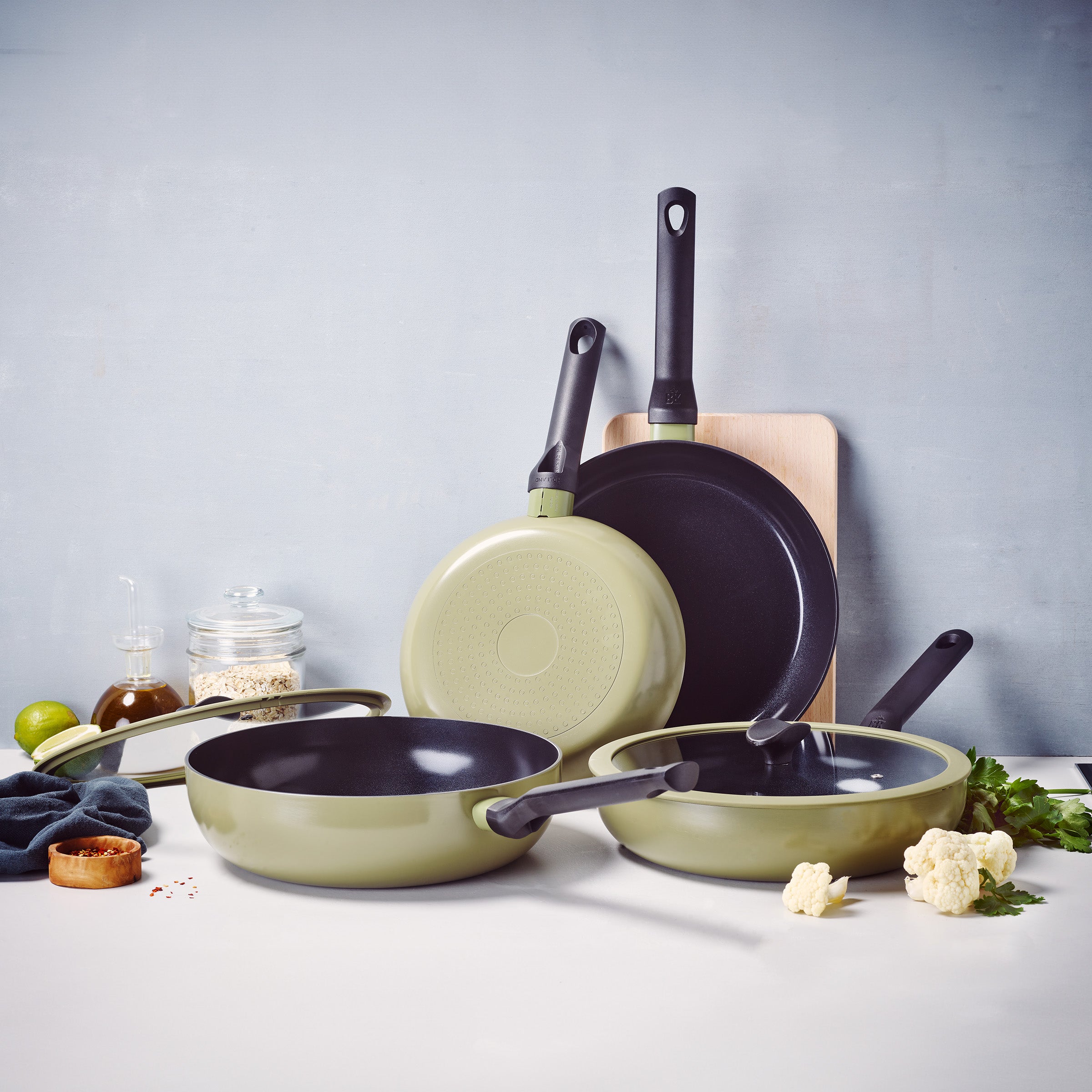 Enjoy 3-delig pannenset Olive Green met hapjespan