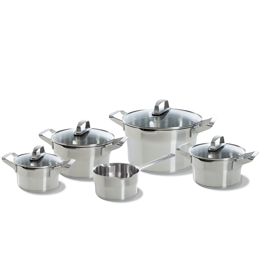 Premium+ pannenset 5-delig zilver vooraanzicht