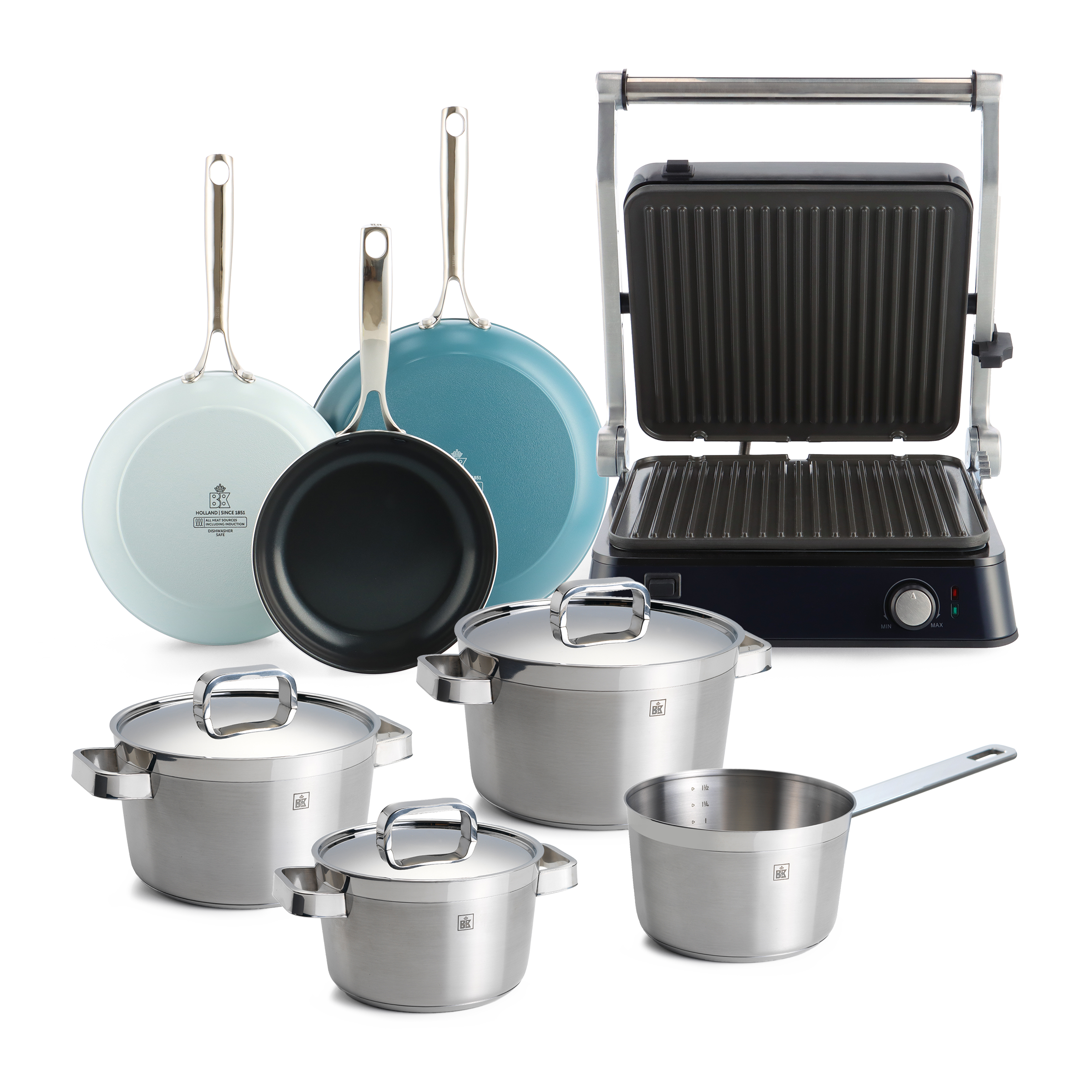 Combi Deal: Sky 3-delige Pannenset + Connect Contactgrill + Conical Profi 4-delige Pannenset
