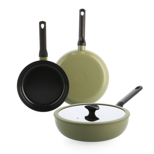 Enjoy 3-delig pannenset Olijfgroen met wok