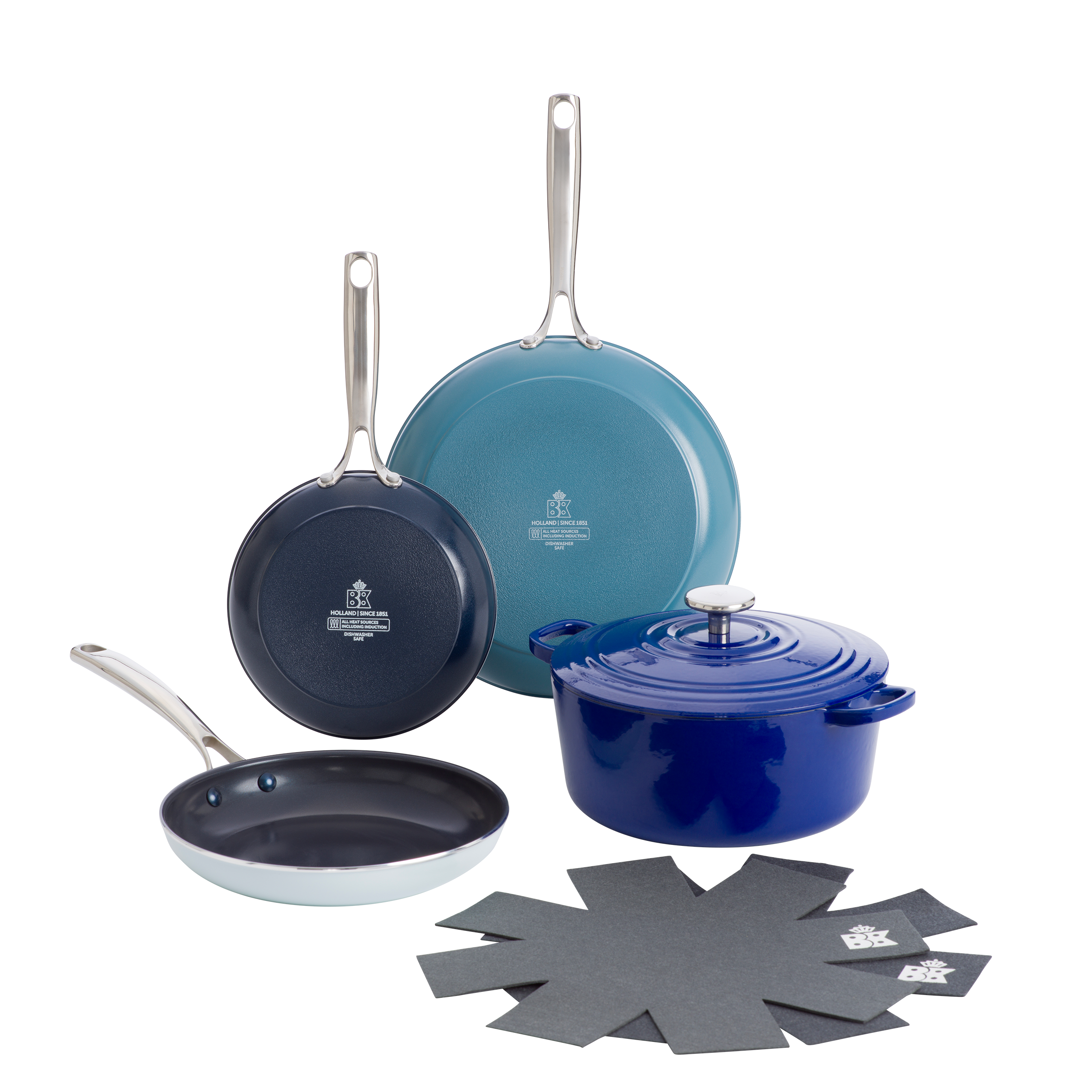 Sky blue 3-delige pannenset + Braadpan Blue + Panbeschermers