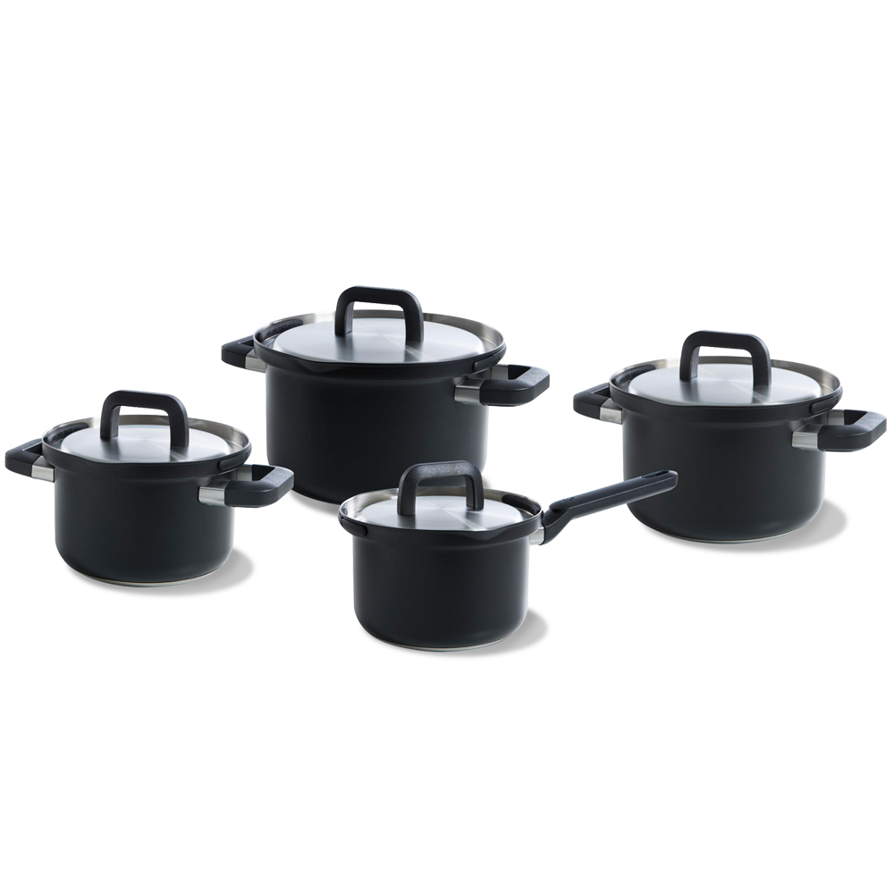 Flow Cool Black RVS pannenset 4-delig zwart vooraanzicht